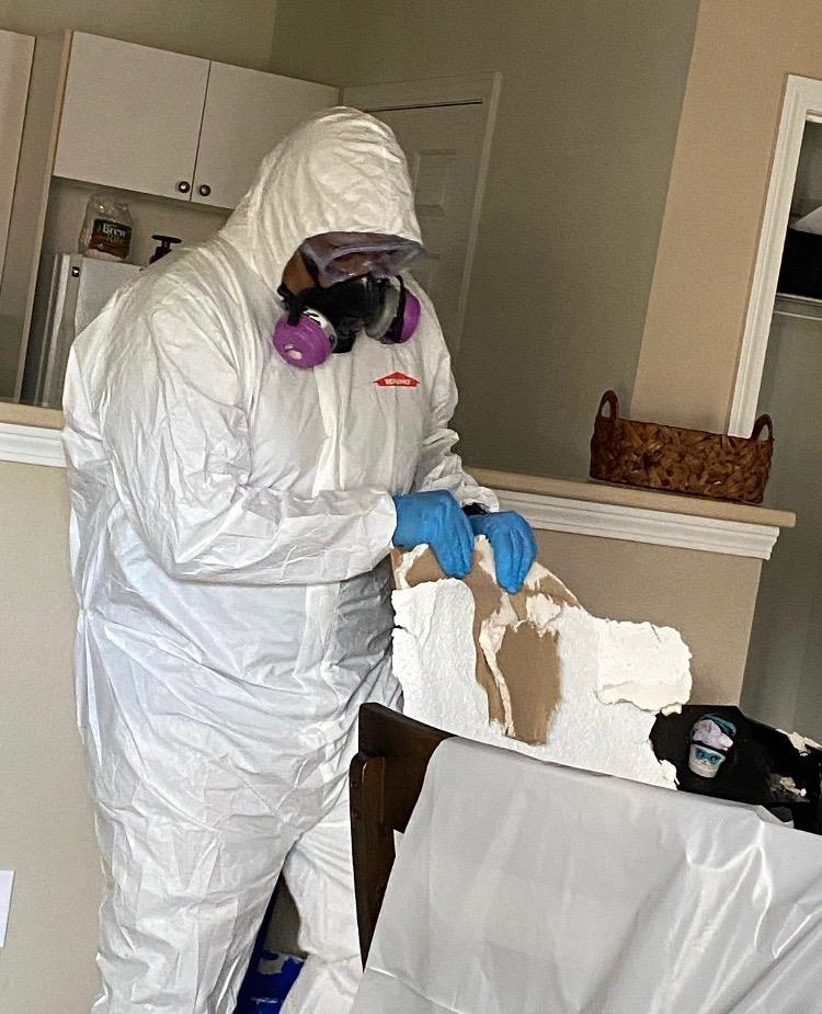 SERVPRO tech in tyvek suit cleaning up mold